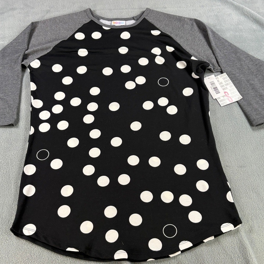 LuLaRoe Randy Baseball Tee Shirt Small Black White Polka Dot Gray Raglan Sleeve